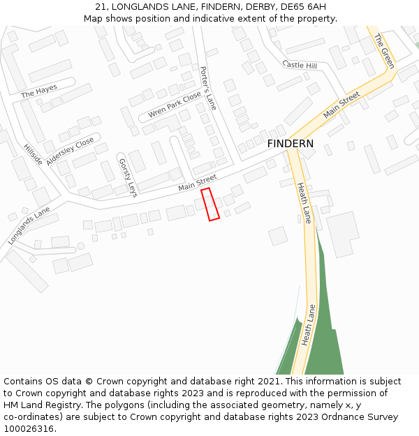 21, LONGLANDS LANE, FINDERN, DERBY, DE65 6AH: Location map and indicative extent of plot