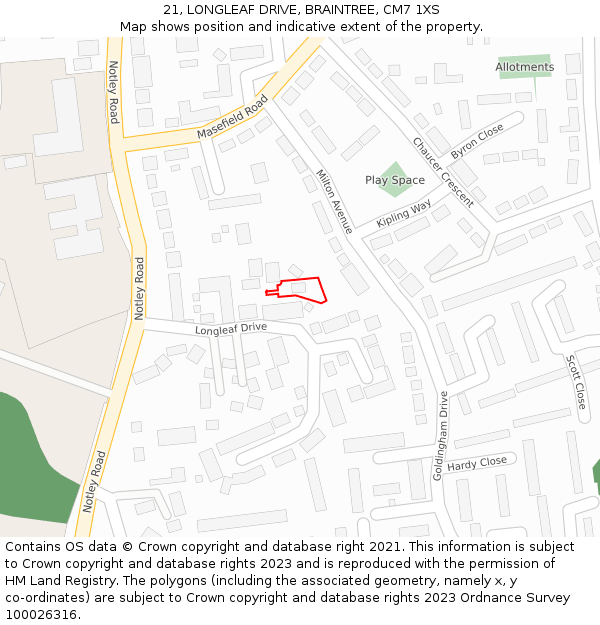 21, LONGLEAF DRIVE, BRAINTREE, CM7 1XS: Location map and indicative extent of plot