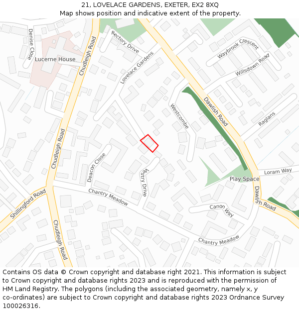 21, LOVELACE GARDENS, EXETER, EX2 8XQ: Location map and indicative extent of plot
