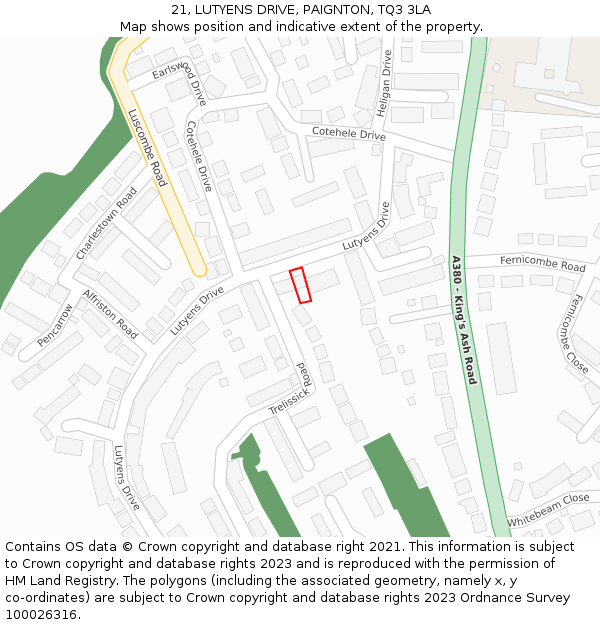 21, LUTYENS DRIVE, PAIGNTON, TQ3 3LA: Location map and indicative extent of plot