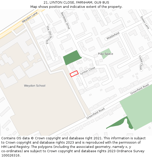 21, LYNTON CLOSE, FARNHAM, GU9 8US: Location map and indicative extent of plot