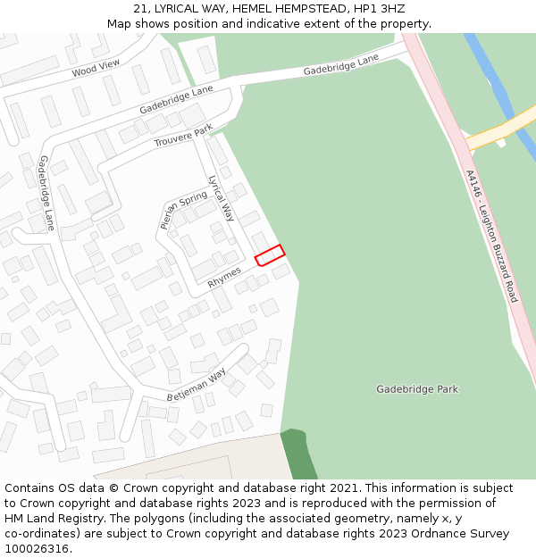 21, LYRICAL WAY, HEMEL HEMPSTEAD, HP1 3HZ: Location map and indicative extent of plot