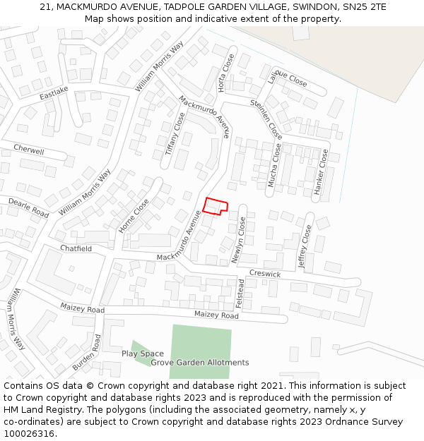 21, MACKMURDO AVENUE, TADPOLE GARDEN VILLAGE, SWINDON, SN25 2TE: Location map and indicative extent of plot