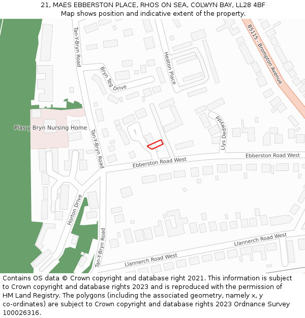 21, MAES EBBERSTON PLACE, RHOS ON SEA, COLWYN BAY, LL28 4BF: Location map and indicative extent of plot