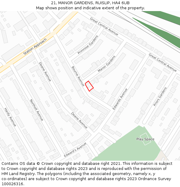 21, MANOR GARDENS, RUISLIP, HA4 6UB: Location map and indicative extent of plot