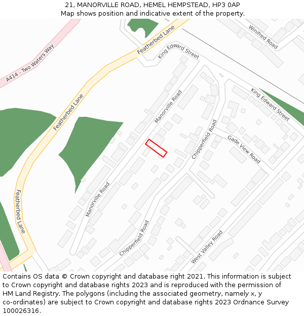 21, MANORVILLE ROAD, HEMEL HEMPSTEAD, HP3 0AP: Location map and indicative extent of plot