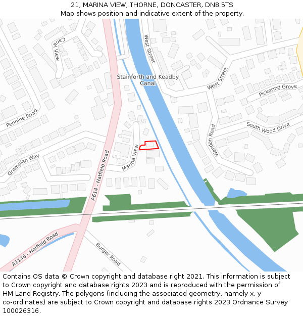 21, MARINA VIEW, THORNE, DONCASTER, DN8 5TS: Location map and indicative extent of plot
