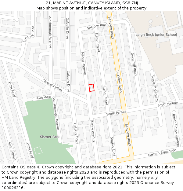21, MARINE AVENUE, CANVEY ISLAND, SS8 7NJ: Location map and indicative extent of plot
