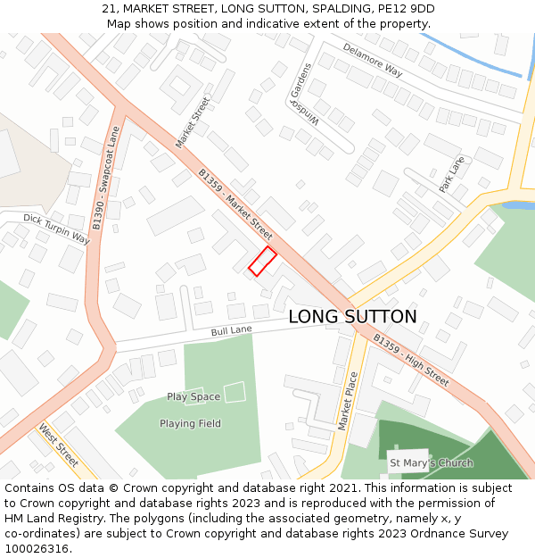 21, MARKET STREET, LONG SUTTON, SPALDING, PE12 9DD: Location map and indicative extent of plot