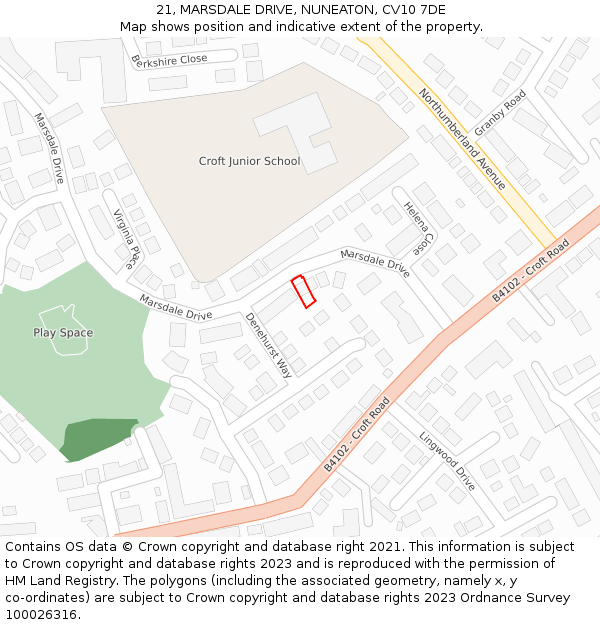 21, MARSDALE DRIVE, NUNEATON, CV10 7DE: Location map and indicative extent of plot
