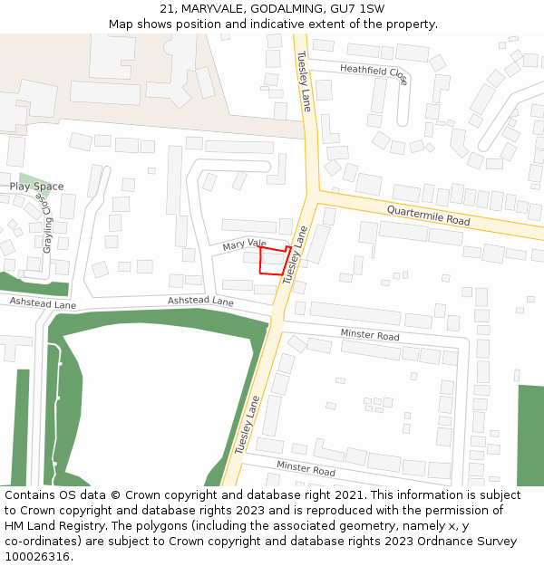 21, MARYVALE, GODALMING, GU7 1SW: Location map and indicative extent of plot