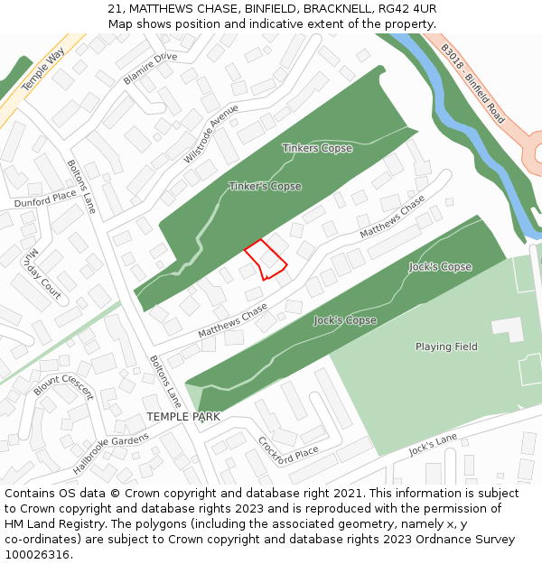 21, MATTHEWS CHASE, BINFIELD, BRACKNELL, RG42 4UR: Location map and indicative extent of plot