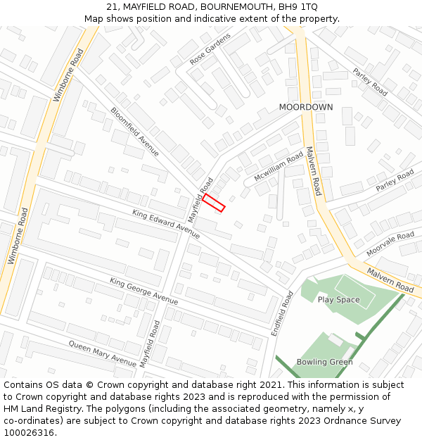 21, MAYFIELD ROAD, BOURNEMOUTH, BH9 1TQ: Location map and indicative extent of plot