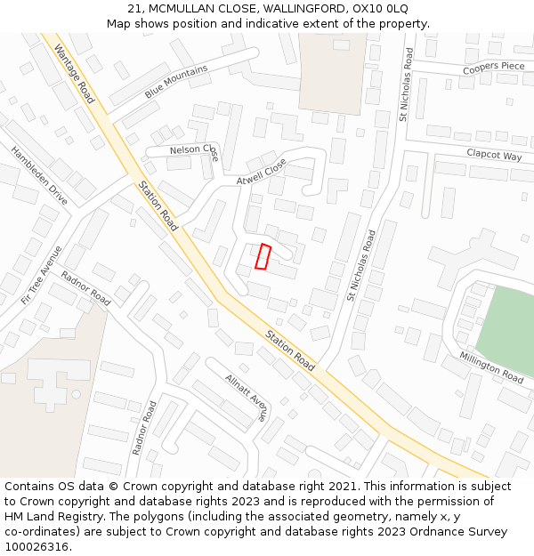 21, MCMULLAN CLOSE, WALLINGFORD, OX10 0LQ: Location map and indicative extent of plot