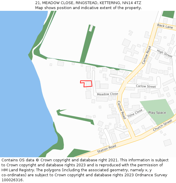 21, MEADOW CLOSE, RINGSTEAD, KETTERING, NN14 4TZ: Location map and indicative extent of plot