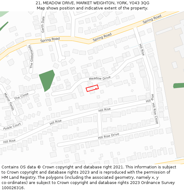 21, MEADOW DRIVE, MARKET WEIGHTON, YORK, YO43 3QG: Location map and indicative extent of plot