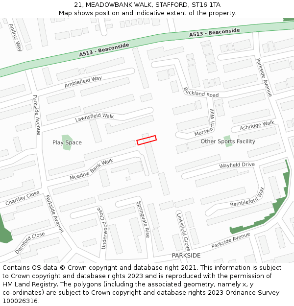 21, MEADOWBANK WALK, STAFFORD, ST16 1TA: Location map and indicative extent of plot