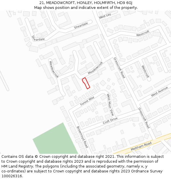 21, MEADOWCROFT, HONLEY, HOLMFIRTH, HD9 6GJ: Location map and indicative extent of plot