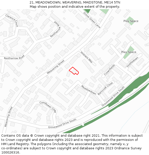21, MEADOWDOWN, WEAVERING, MAIDSTONE, ME14 5TN: Location map and indicative extent of plot