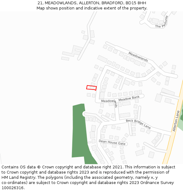 21, MEADOWLANDS, ALLERTON, BRADFORD, BD15 8HH: Location map and indicative extent of plot