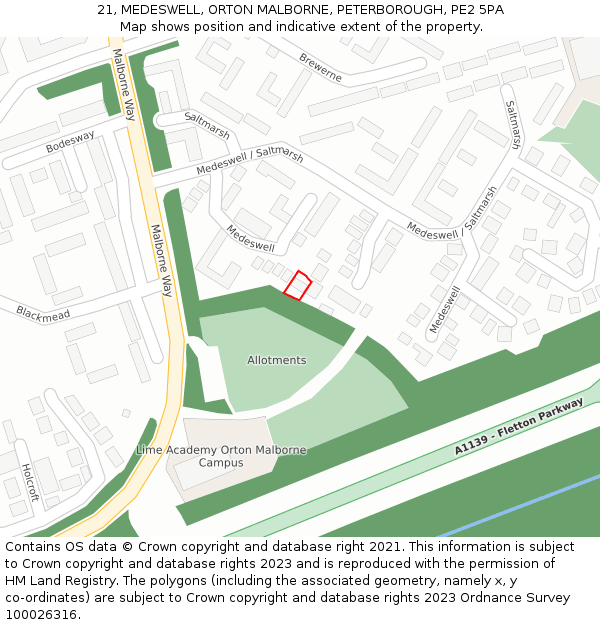 21, MEDESWELL, ORTON MALBORNE, PETERBOROUGH, PE2 5PA: Location map and indicative extent of plot