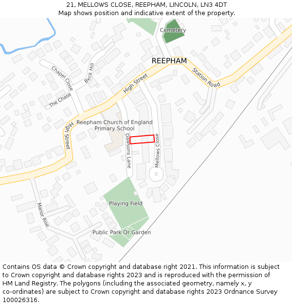 21, MELLOWS CLOSE, REEPHAM, LINCOLN, LN3 4DT: Location map and indicative extent of plot