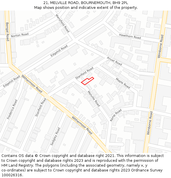 21, MELVILLE ROAD, BOURNEMOUTH, BH9 2PL: Location map and indicative extent of plot