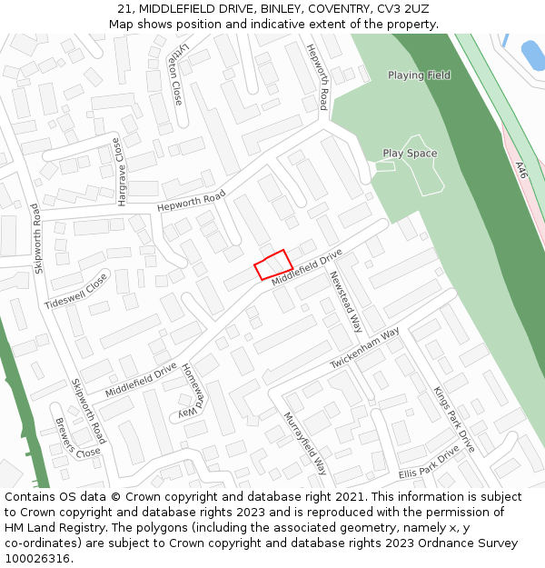 21, MIDDLEFIELD DRIVE, BINLEY, COVENTRY, CV3 2UZ: Location map and indicative extent of plot