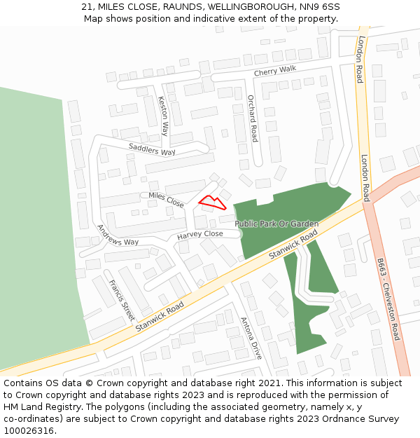 21, MILES CLOSE, RAUNDS, WELLINGBOROUGH, NN9 6SS: Location map and indicative extent of plot