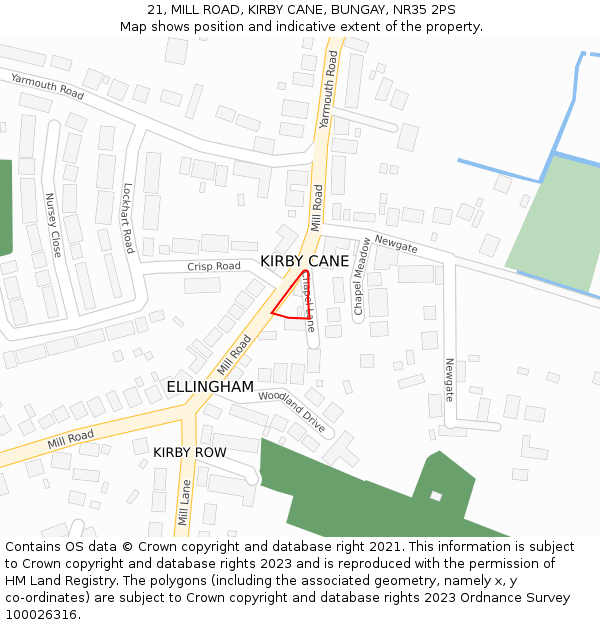 21, MILL ROAD, KIRBY CANE, BUNGAY, NR35 2PS: Location map and indicative extent of plot