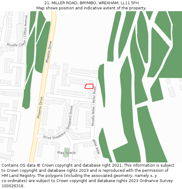 21, MILLER ROAD, BRYMBO, WREXHAM, LL11 5FH: Location map and indicative extent of plot
