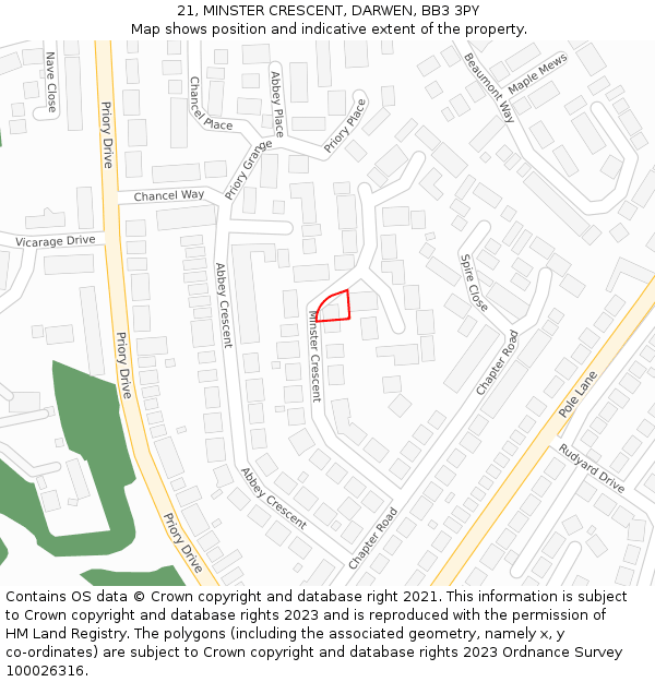 21, MINSTER CRESCENT, DARWEN, BB3 3PY: Location map and indicative extent of plot