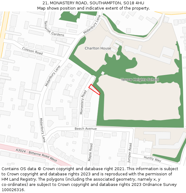 21, MONASTERY ROAD, SOUTHAMPTON, SO18 4HU: Location map and indicative extent of plot
