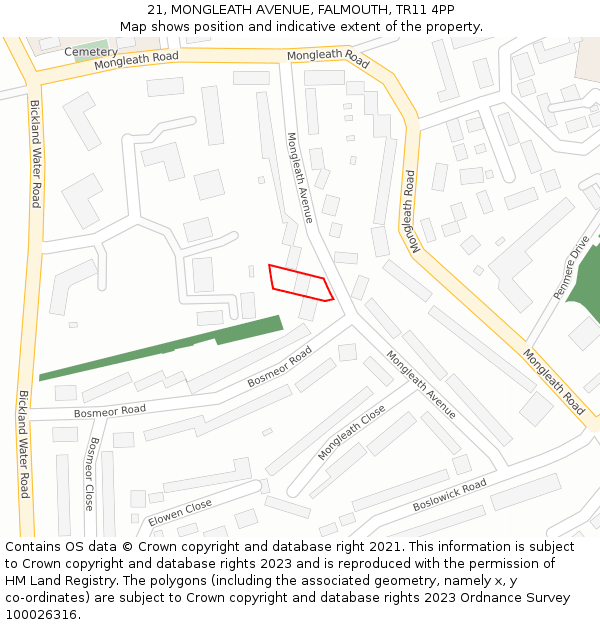 21, MONGLEATH AVENUE, FALMOUTH, TR11 4PP: Location map and indicative extent of plot