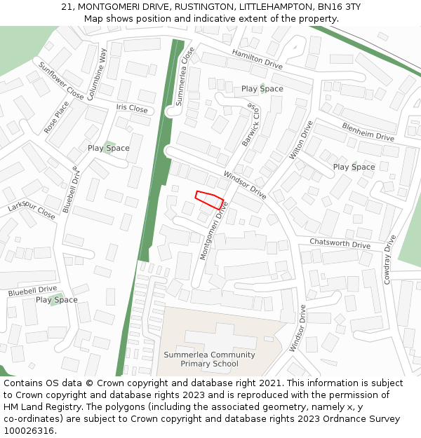21, MONTGOMERI DRIVE, RUSTINGTON, LITTLEHAMPTON, BN16 3TY: Location map and indicative extent of plot