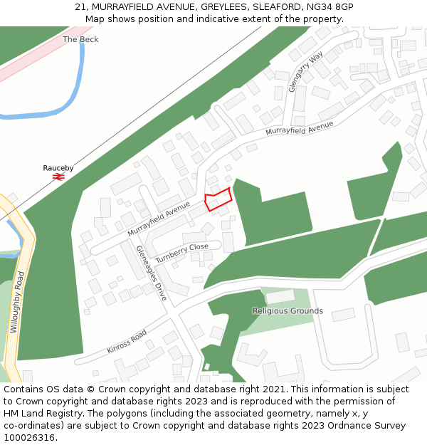 21, MURRAYFIELD AVENUE, GREYLEES, SLEAFORD, NG34 8GP: Location map and indicative extent of plot