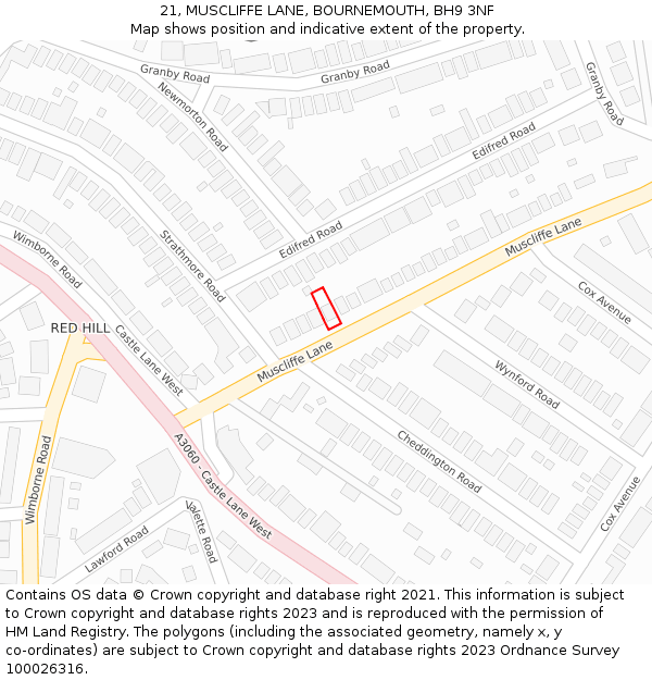 21, MUSCLIFFE LANE, BOURNEMOUTH, BH9 3NF: Location map and indicative extent of plot