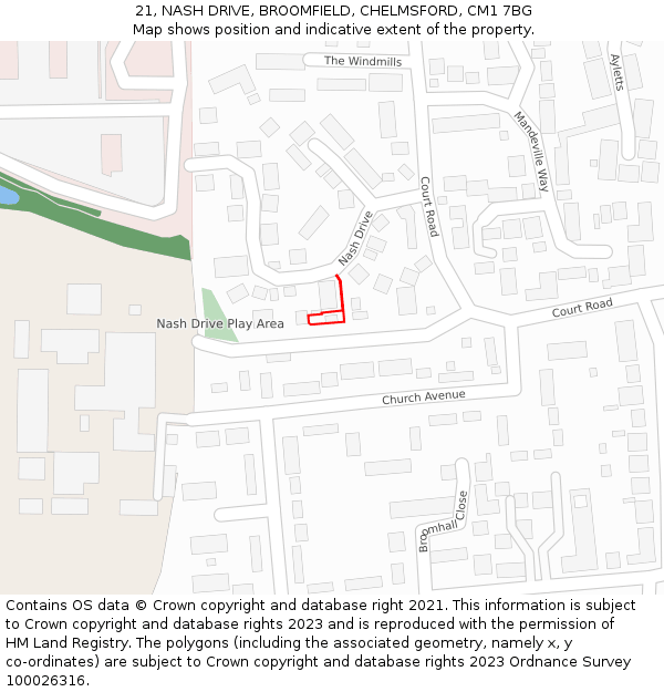 21, NASH DRIVE, BROOMFIELD, CHELMSFORD, CM1 7BG: Location map and indicative extent of plot