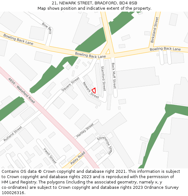 21, NEWARK STREET, BRADFORD, BD4 8SB: Location map and indicative extent of plot