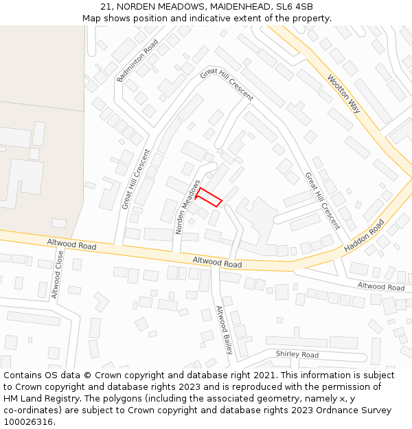 21, NORDEN MEADOWS, MAIDENHEAD, SL6 4SB: Location map and indicative extent of plot