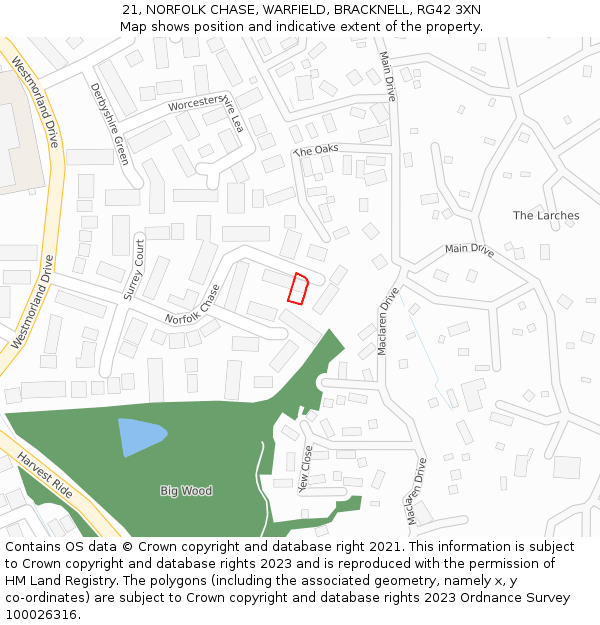 21, NORFOLK CHASE, WARFIELD, BRACKNELL, RG42 3XN: Location map and indicative extent of plot