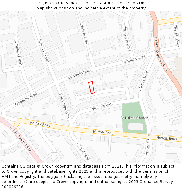 21, NORFOLK PARK COTTAGES, MAIDENHEAD, SL6 7DR: Location map and indicative extent of plot