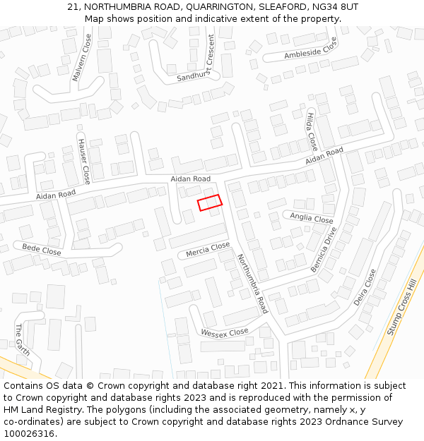 21, NORTHUMBRIA ROAD, QUARRINGTON, SLEAFORD, NG34 8UT: Location map and indicative extent of plot