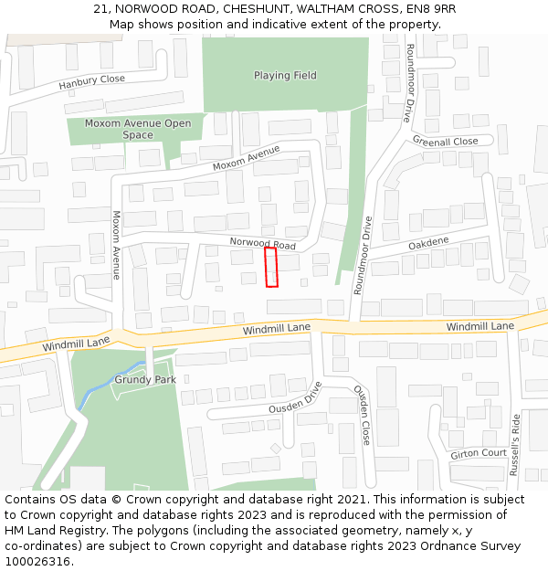 21, NORWOOD ROAD, CHESHUNT, WALTHAM CROSS, EN8 9RR: Location map and indicative extent of plot