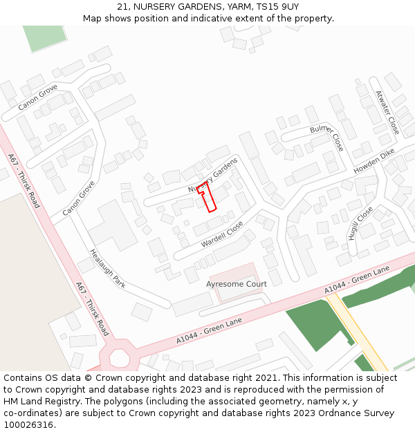 21, NURSERY GARDENS, YARM, TS15 9UY: Location map and indicative extent of plot