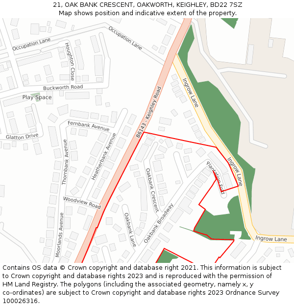 21, OAK BANK CRESCENT, OAKWORTH, KEIGHLEY, BD22 7SZ: Location map and indicative extent of plot
