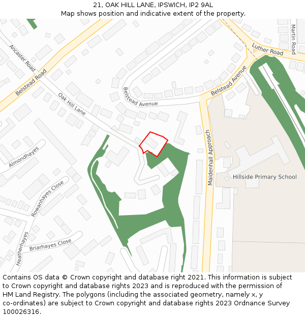 21, OAK HILL LANE, IPSWICH, IP2 9AL: Location map and indicative extent of plot