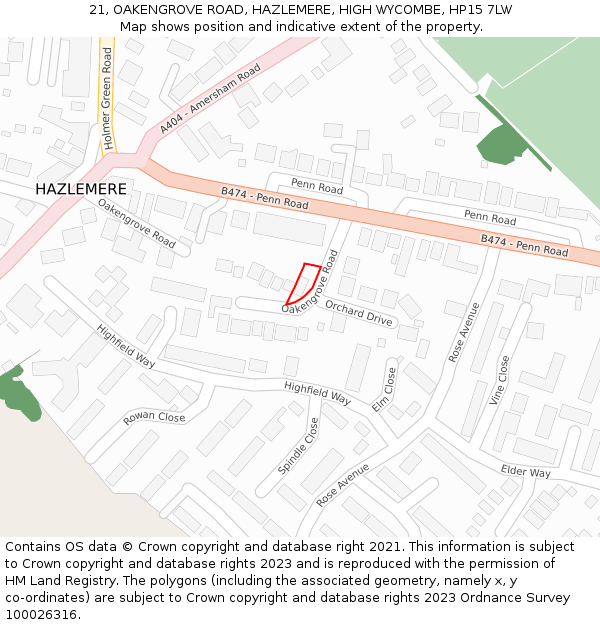 21, OAKENGROVE ROAD, HAZLEMERE, HIGH WYCOMBE, HP15 7LW: Location map and indicative extent of plot