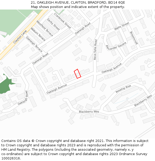 21, OAKLEIGH AVENUE, CLAYTON, BRADFORD, BD14 6QE: Location map and indicative extent of plot
