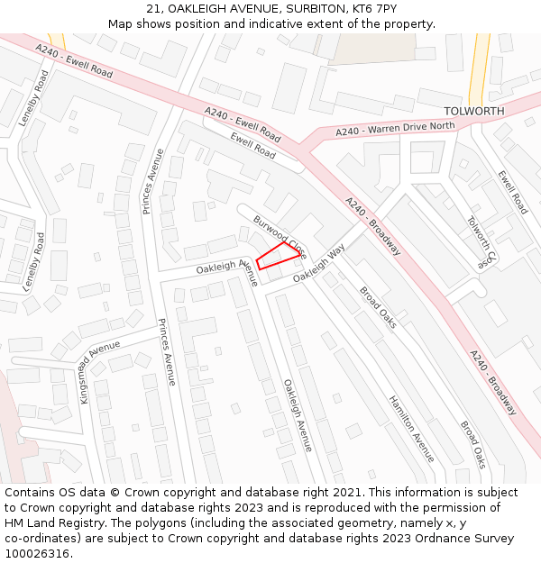 21, OAKLEIGH AVENUE, SURBITON, KT6 7PY: Location map and indicative extent of plot